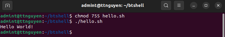 Kết quả chạy chương trình Hello World Shell Script