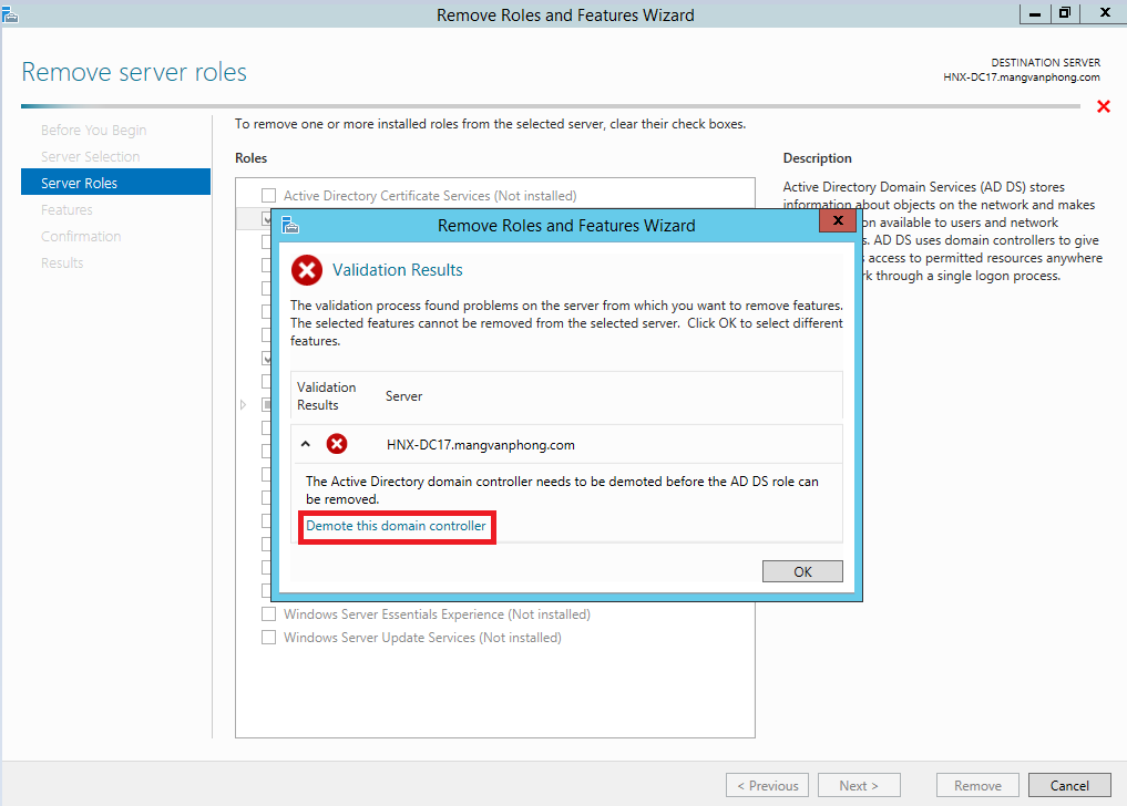 Remove Domain Controller - Cách 2