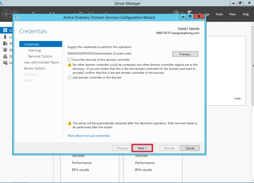 Remove Domain Controller - Cách 2