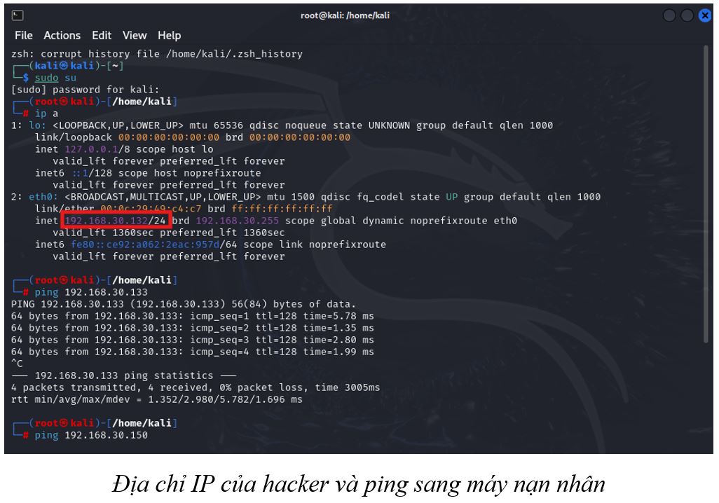 Địa chỉ IP của hacker và ping sang máy nạn nhân