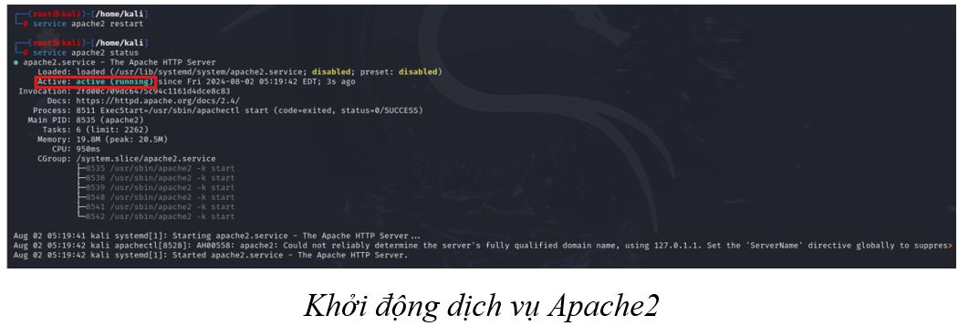 Khởi động dịch vụ Apache2