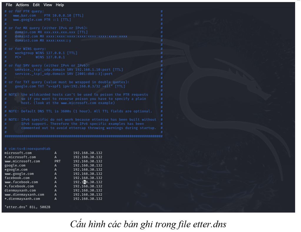 Cấu hình các bản ghi trong file etter.dns