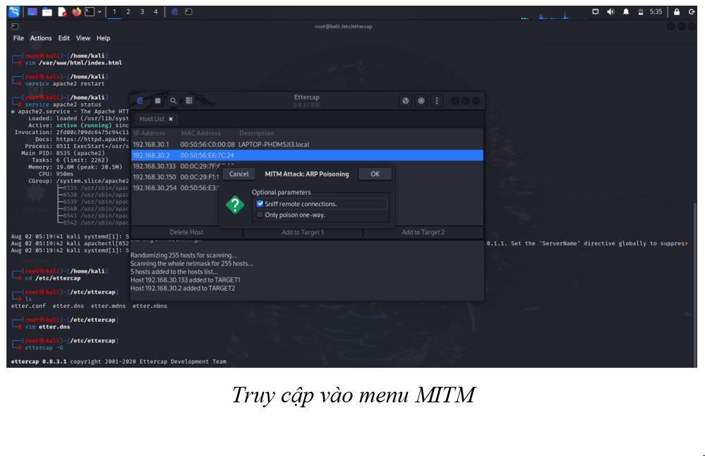 Truy cập vào menu MITM