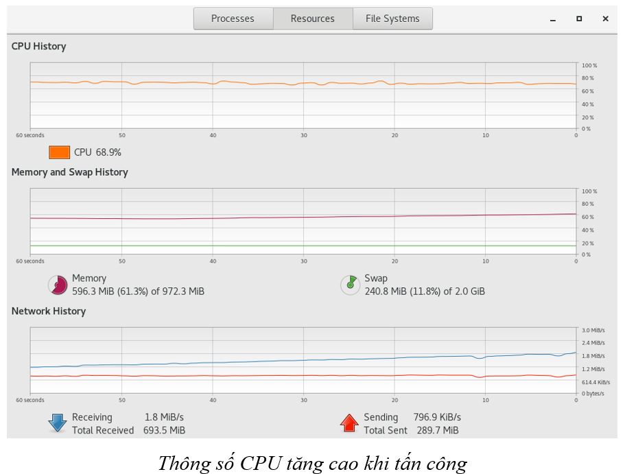 Thông số CPU tăng cao khi tấn công