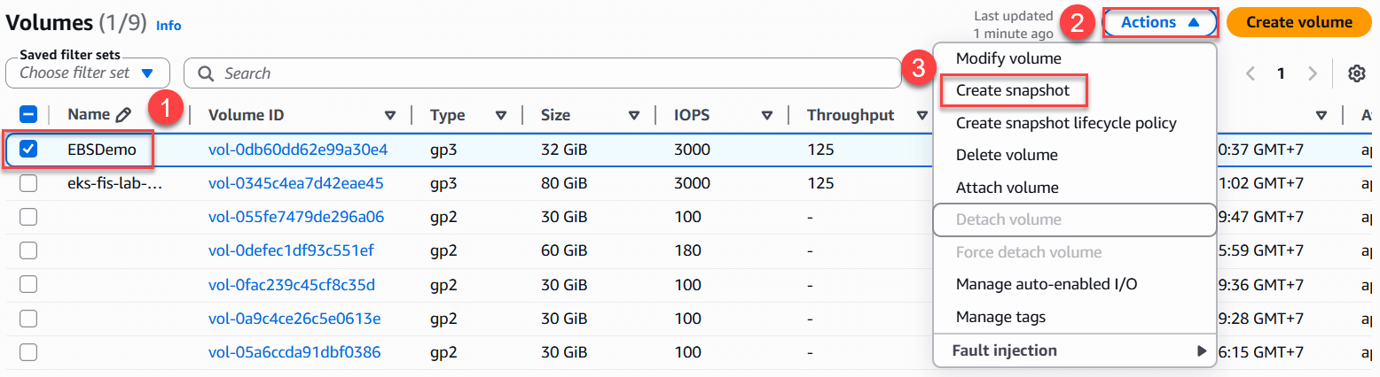 Tạo Snapshot từ EBS Volume