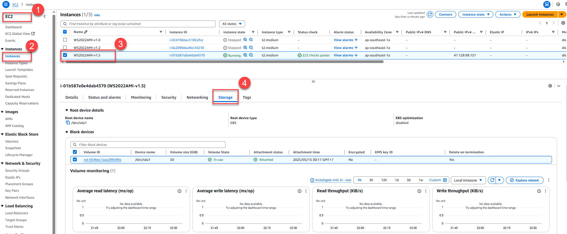 Kiểm tra EBS volumes đã gắn vào EC2 instance