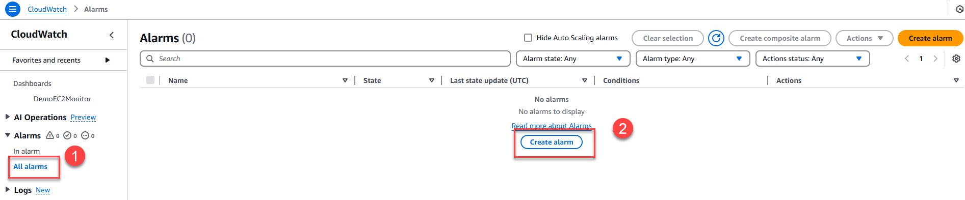 Tạo CloudWatch Alarm (cảnh báo)
