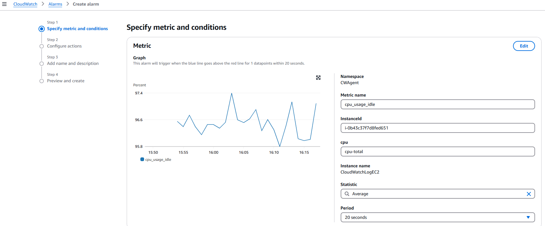 Tạo CloudWatch Alarm (cảnh báo)