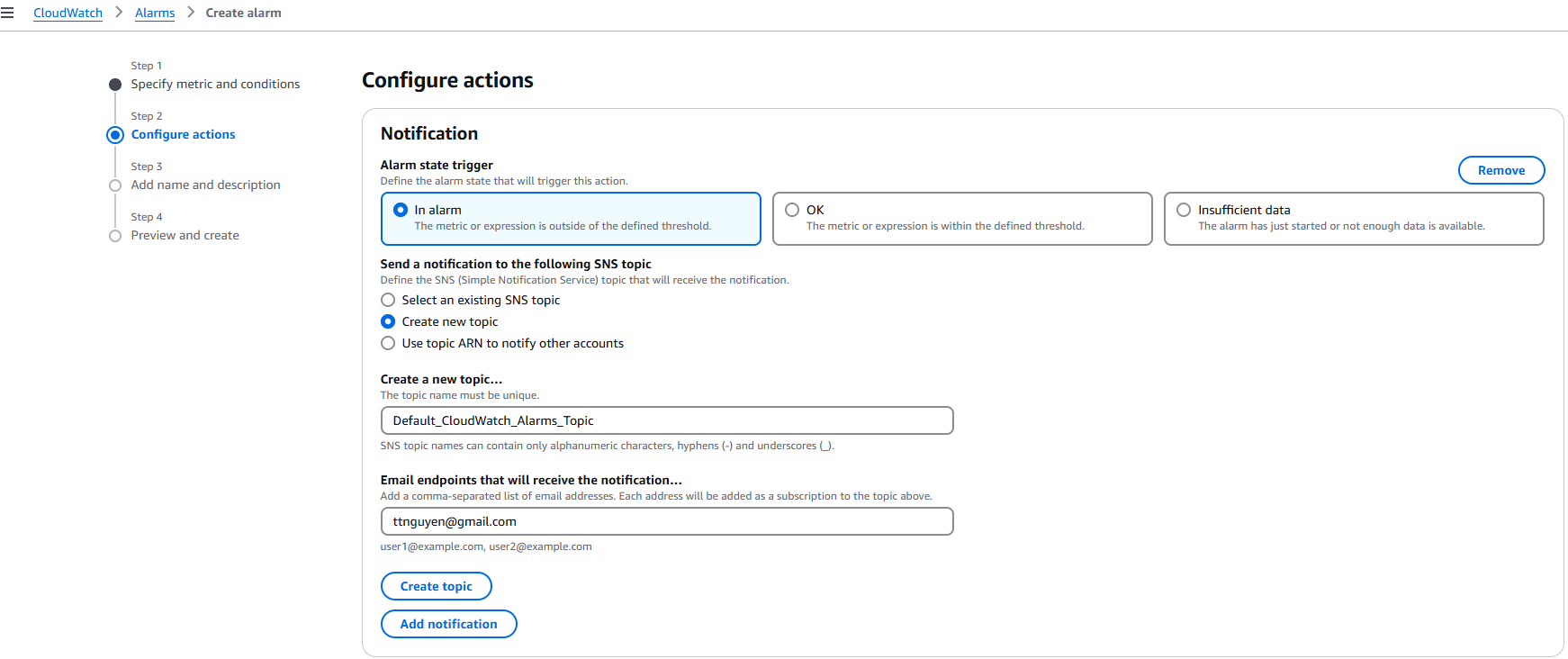 Tạo CloudWatch Alarm (cảnh báo)