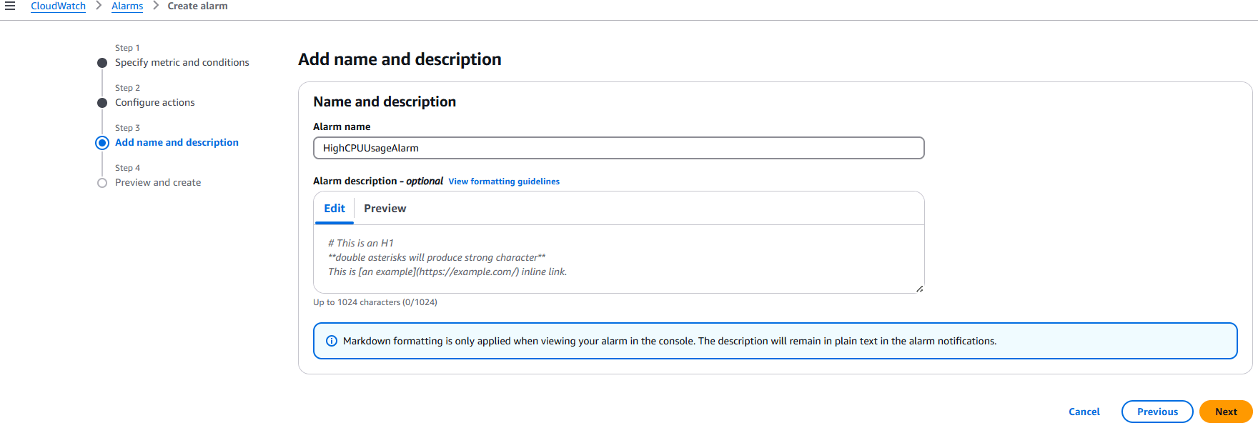 Tạo CloudWatch Alarm (cảnh báo)
