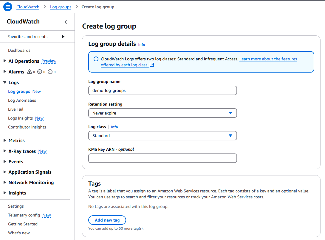 Tạo và quản lý CloudWatch Log Group và Log Stream