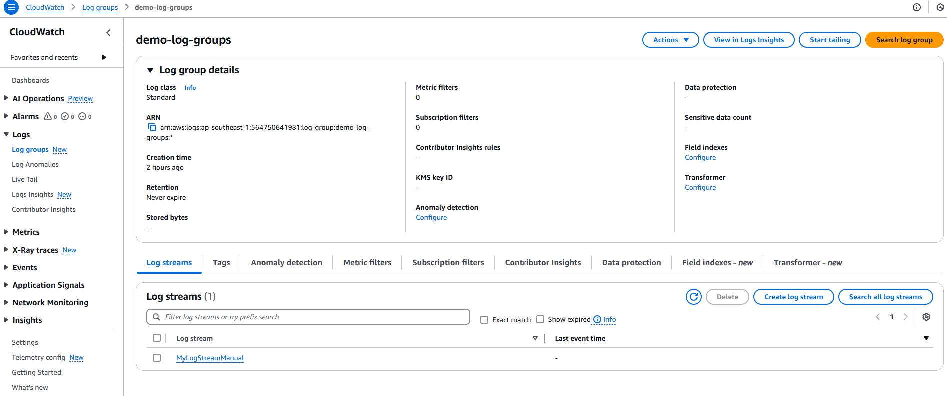 Tạo Log Group & Log Stream