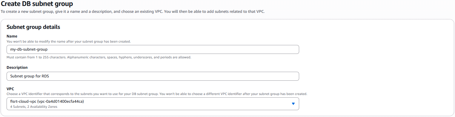 Create DB Subnet Group for Amazon RDS
