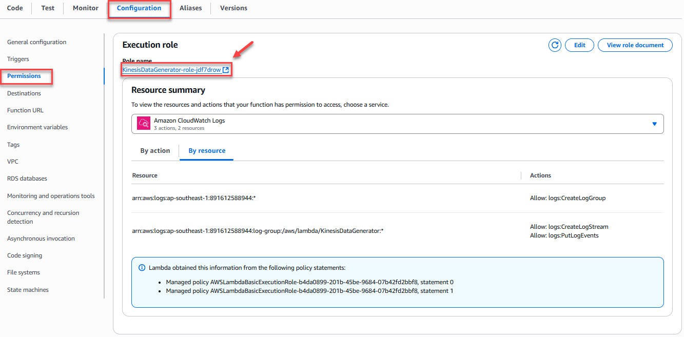 Gắn quyền cho Lambda:
